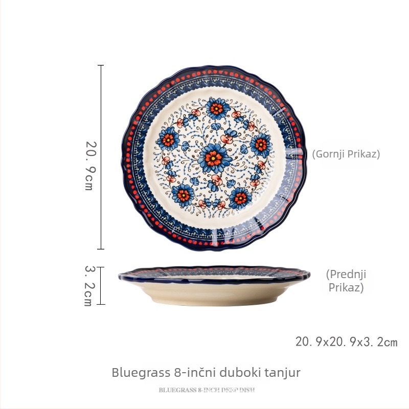 Keramički set zdjela i žlice s pod-glazom, ručno oslikan cvjetnim etničkim dizajnom, lagani luksuzni retro stil, kapacitet 2000 ml