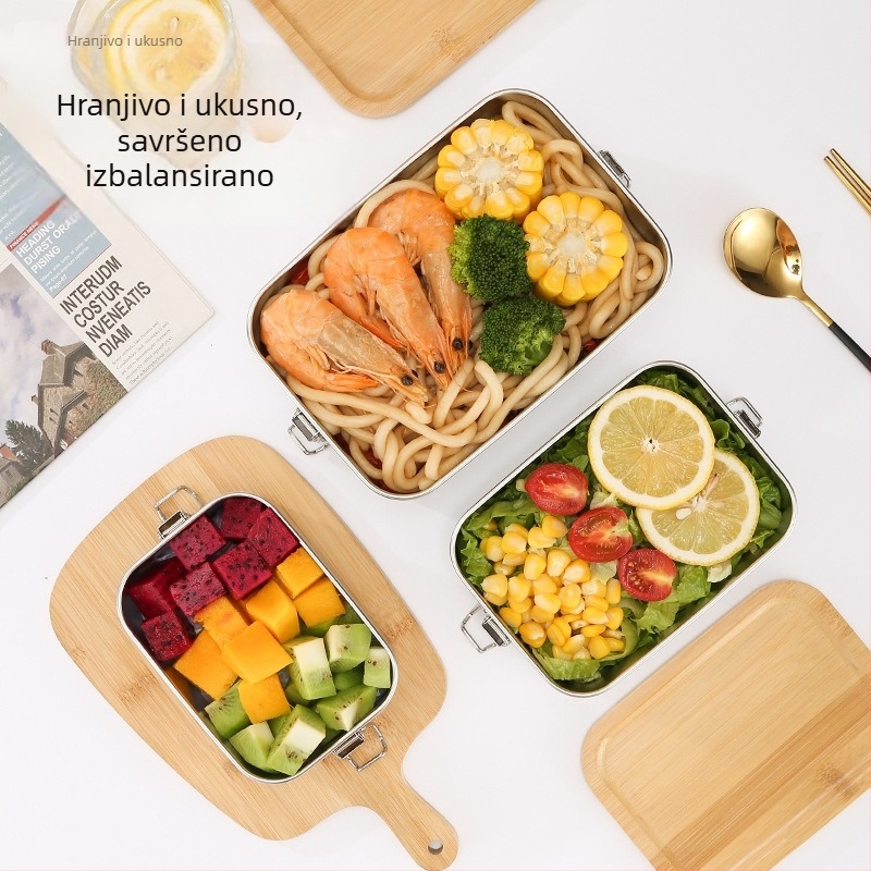 Kutija za hranu od 304 nehrđajućeg čelika, japanskog stila, s poklopcem od bambusa, pravokutnog oblika, čvrsta brtva