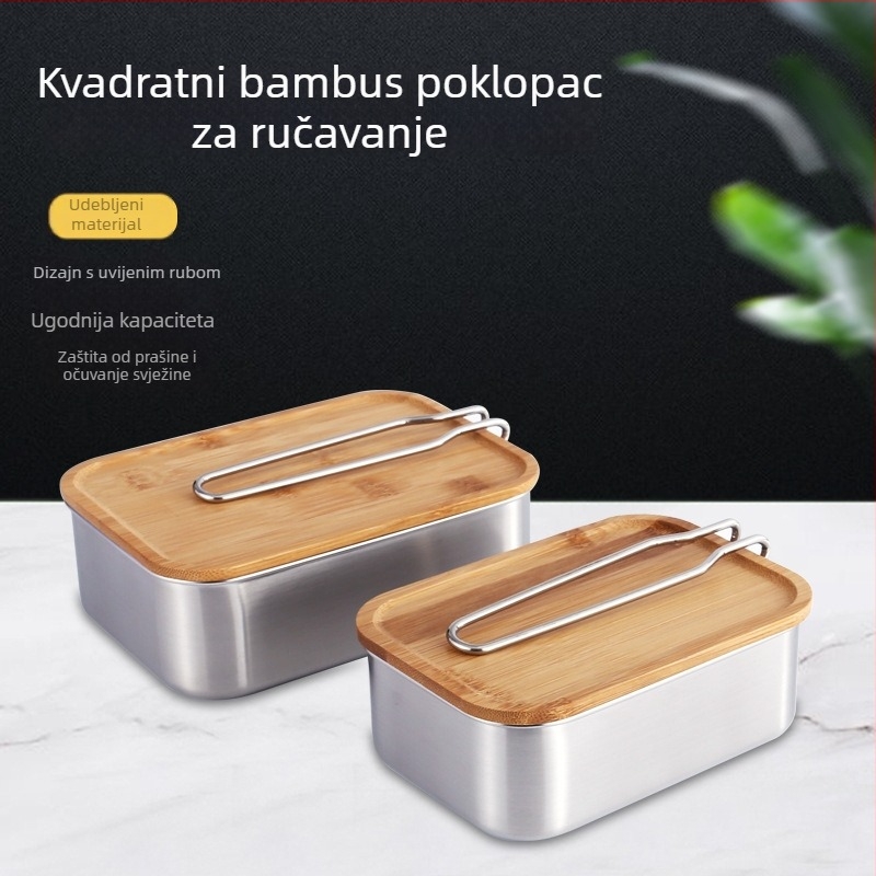 Kutija za ručak od nehrđajućeg čelika s bambusovim poklopcem, kvadratnog oblika, 501–800 ml, čuva svježu hranu