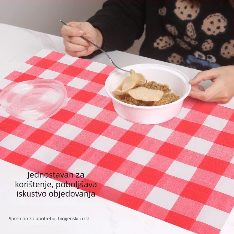 Jednokratni pravokutni stolnjak, debeo i vodootporan te otporan na masnoće.