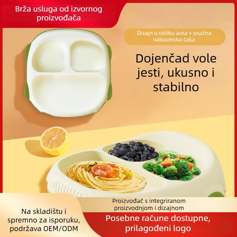 Silikonski set posuđa za djecu – integrirani tanjur za samostalno hranjenje, Tian huiyan, stil crtani automobil, od 3 mjeseca, jednostavan i sladak dizajn
