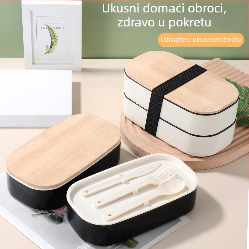 Plastična Bento kutija za ručak s poklopcem od bambusa, dvostruka razina, mikrovalna sigurnosna, izolirana i nepropusna