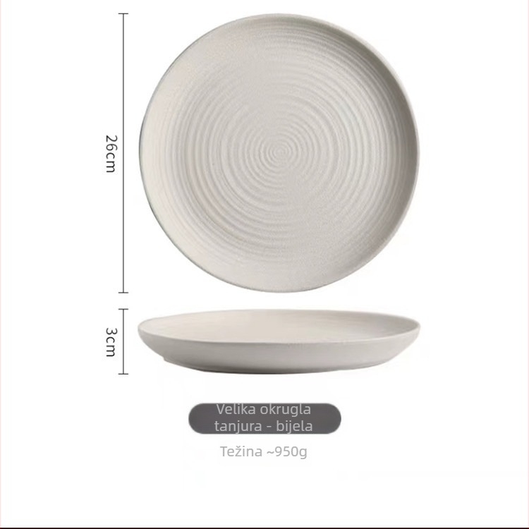 Porcelanski ravni tanjur – zapadni stil, podglazurna površina, otporan na mikrovalnu, logotip otisnut
