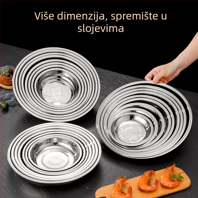 Nehrđajući čelik kružni tanjur 304, debeli, jednobojni završetak, elektroplatirani završetak, moderan minimalistički stil, pogodan za hotele i catering, moguć laserski logotip