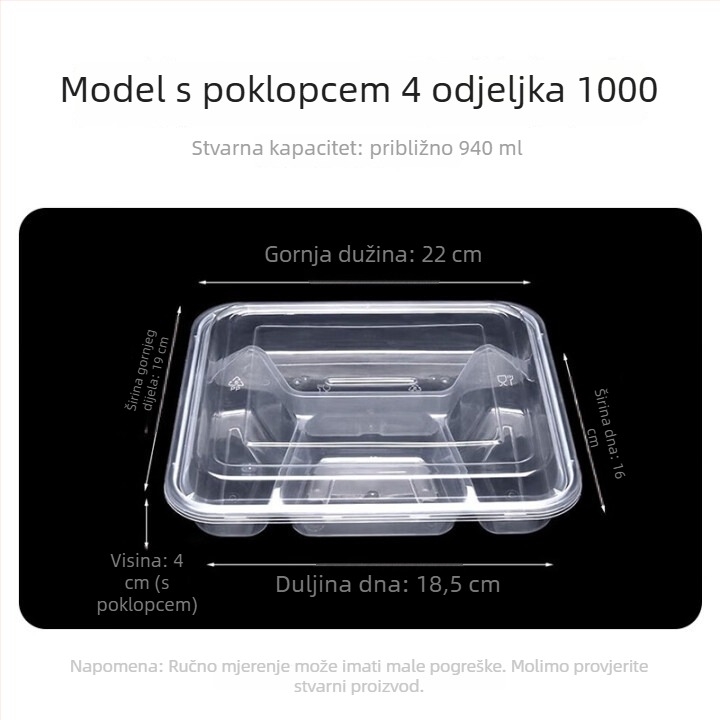 Temeiju jednokratna kutija za obrok sa četiri odjeljka, PP materijal, mikrovalna kompatibilna, prenosna