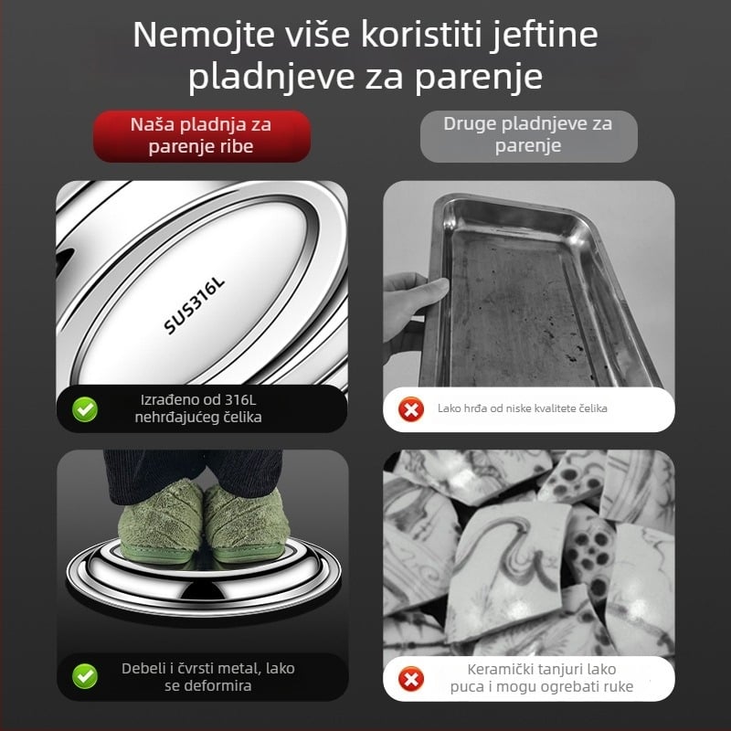Ovalni tanjur od nehrđajućeg čelika, prehrambena kvaliteta 304/316, za kućno kuhanje ribe na paru, mikrovalna pećnica nije podržana