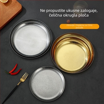 Ploča od nehrđajućeg čelika s uzorkom udarca, okrugla, moderni minimalistički stil, pogodna za voćne salate, kolače i roštilj