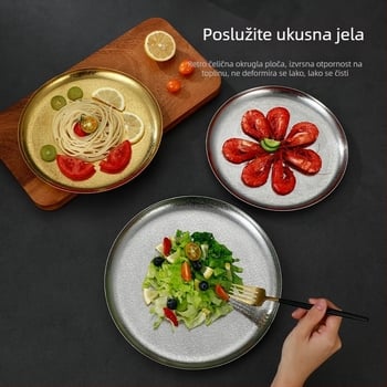 Ploča od nehrđajućeg čelika s uzorkom udarca, okrugla, moderni minimalistički stil, pogodna za voćne salate, kolače i roštilj