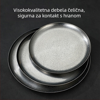 Ploča od nehrđajućeg čelika s uzorkom udarca, okrugla, moderni minimalistički stil, pogodna za voćne salate, kolače i roštilj