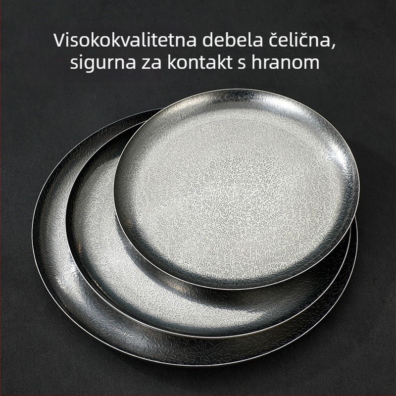 Ploča od nehrđajućeg čelika s uzorkom udarca, okrugla, moderni minimalistički stil, pogodna za voćne salate, kolače i roštilj
