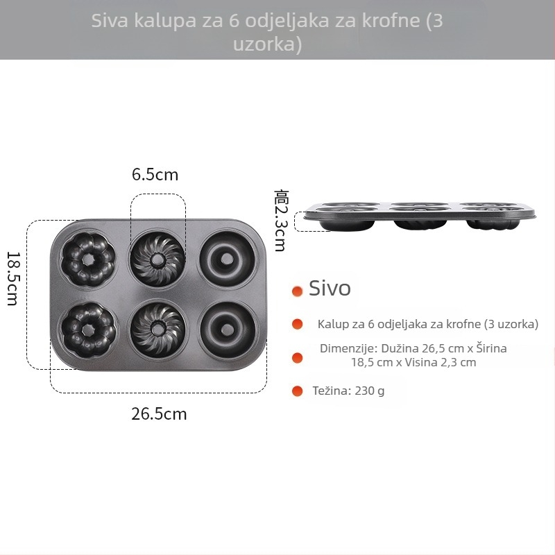 Kalup za pečenje krafni s 6/12 rupa, okrugli, od ugljičnog čelika, neprijanjajući premaz, za kućnu upotrebu