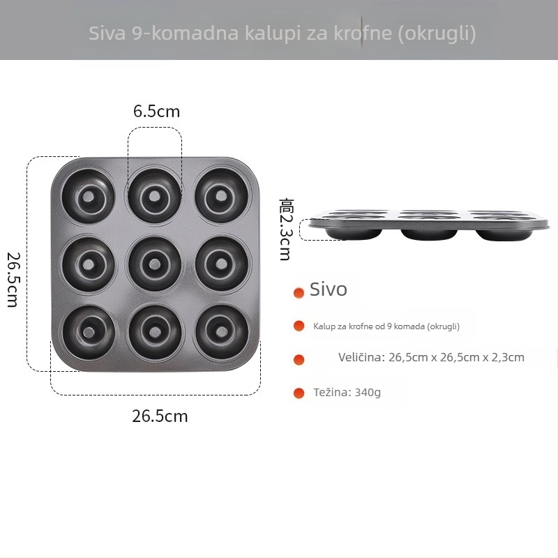 Kalup za pečenje krafni s 6/12 rupa, okrugli, od ugljičnog čelika, neprijanjajući premaz, za kućnu upotrebu