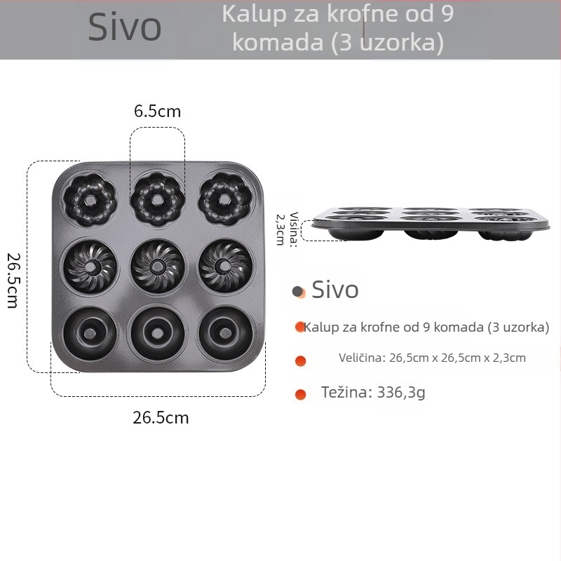 Kalup za pečenje krafni s 6/12 rupa, okrugli, od ugljičnog čelika, neprijanjajući premaz, za kućnu upotrebu