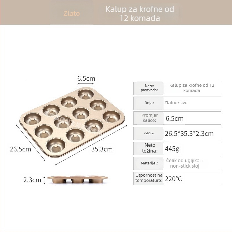 Kalup za pečenje krafni s 6/12 rupa, okrugli, od ugljičnog čelika, neprijanjajući premaz, za kućnu upotrebu