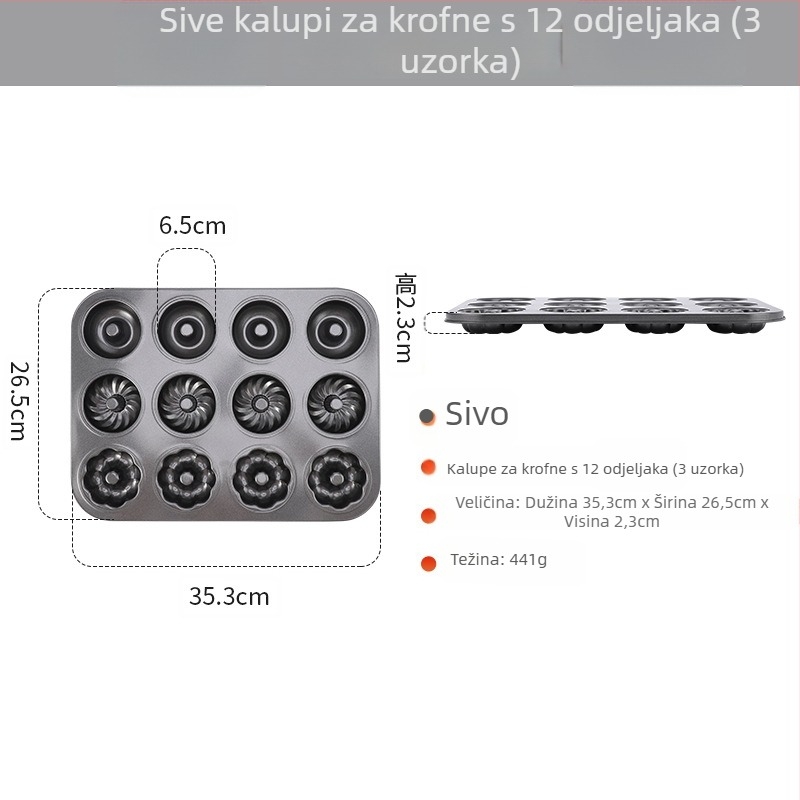 Kalup za pečenje krafni s 6/12 rupa, okrugli, od ugljičnog čelika, neprijanjajući premaz, za kućnu upotrebu