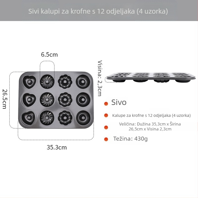 Kalup za pečenje krafni s 6/12 rupa, okrugli, od ugljičnog čelika, neprijanjajući premaz, za kućnu upotrebu