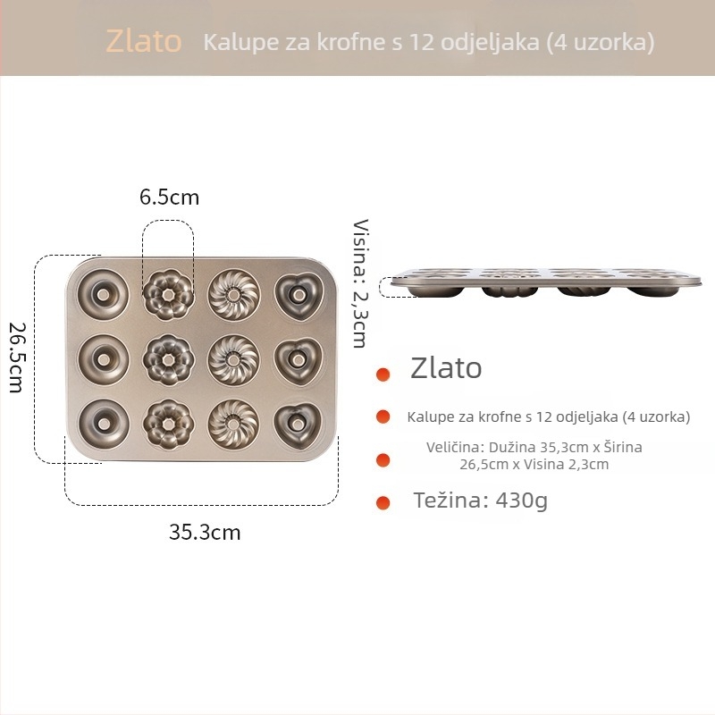 Kalup za pečenje krafni s 6/12 rupa, okrugli, od ugljičnog čelika, neprijanjajući premaz, za kućnu upotrebu