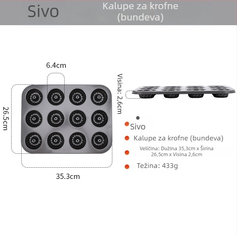 Kalup za pečenje krafni s 6/12 rupa, okrugli, od ugljičnog čelika, neprijanjajući premaz, za kućnu upotrebu