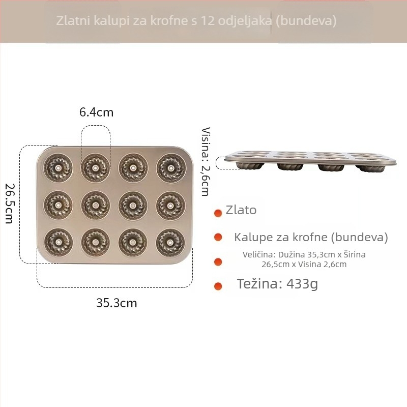 Kalup za pečenje krafni s 6/12 rupa, okrugli, od ugljičnog čelika, neprijanjajući premaz, za kućnu upotrebu