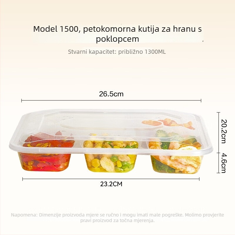 Temeiju jednokratna kutija za obrok s pet odjeljaka – PP materijal, mikrovalna sigurnost, TMJ-054, 150 setova po kutiji