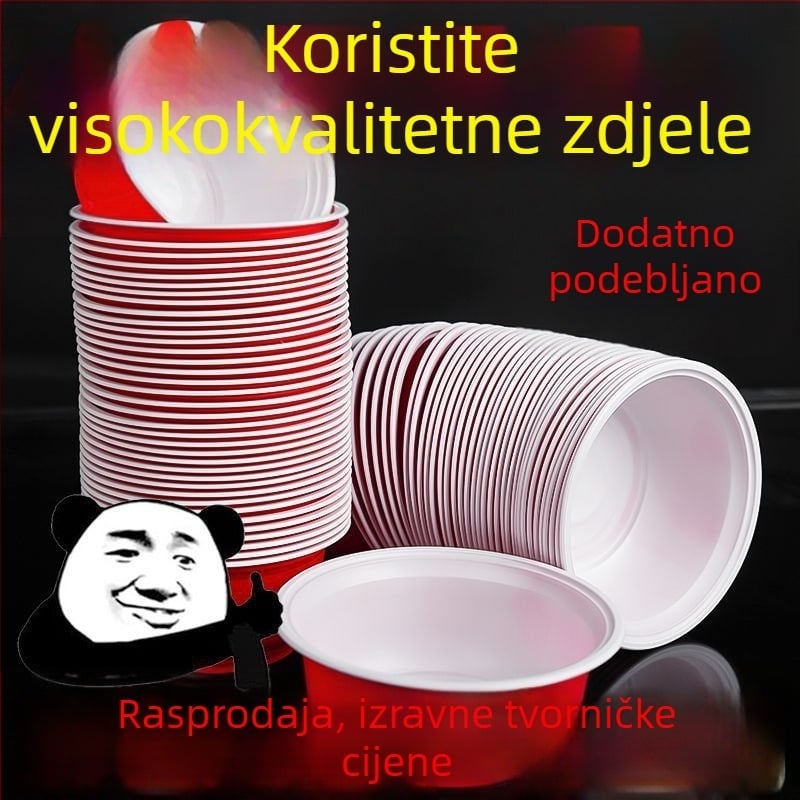 Debljeni jednokratni set posuđa: zdjele, štapići za jelo i čaše od plastike za vjenčane bankete i useljenje; velike tanjure za jelo i male jušne zdjelice