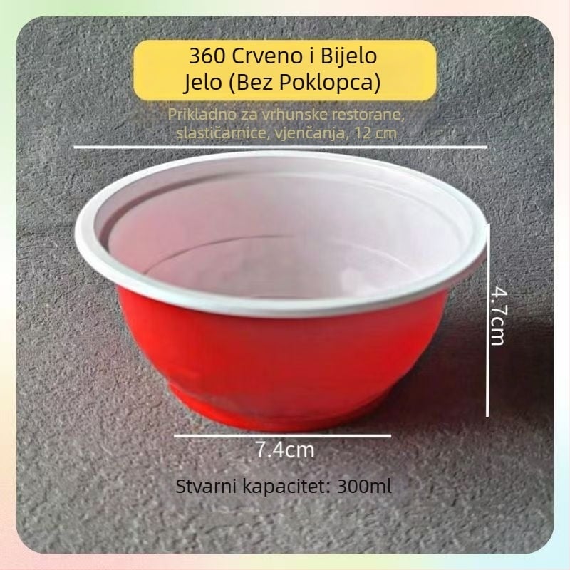 Debljeni jednokratni set posuđa: zdjele, štapići za jelo i čaše od plastike za vjenčane bankete i useljenje; velike tanjure za jelo i male jušne zdjelice
