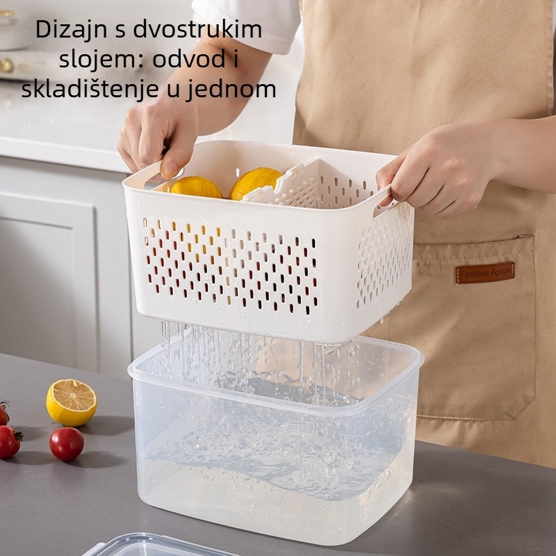 Dvostruki sloj kutije za svježinu s odvodnim košarom za voće i povrće, kapacitet 2,1–3 L, silikon za prehranu, vodootporna s poklopcem