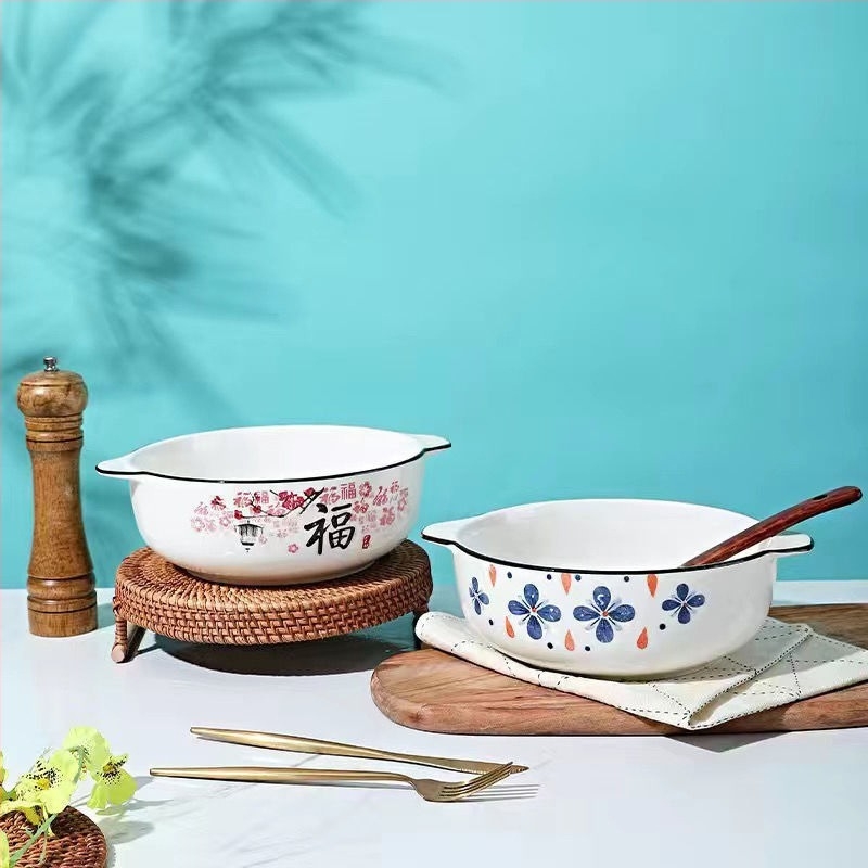 Porcelanska zdjela za parena jaja, japanskog stila, dvostruka drška, dubok i debeli dizajn, nije prikladno za mikrovalnu