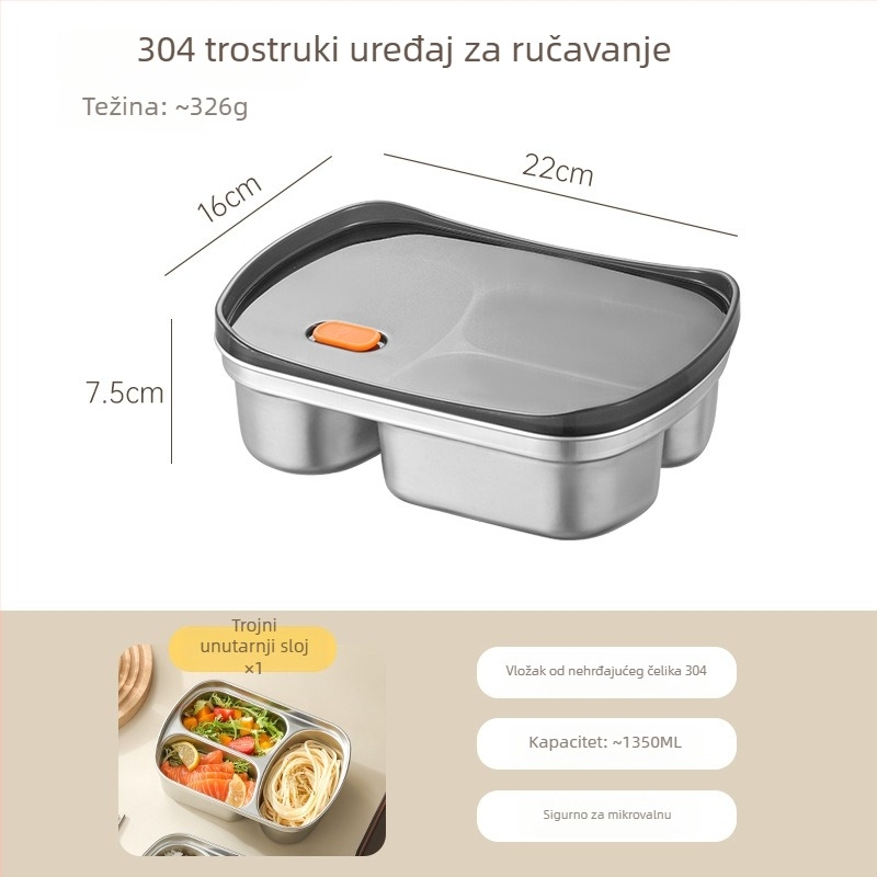 Kutija za ručak od nehrđajućeg čelika 304 s pregradama, zatvorena, kvadratnog oblika, 800–1000 ml