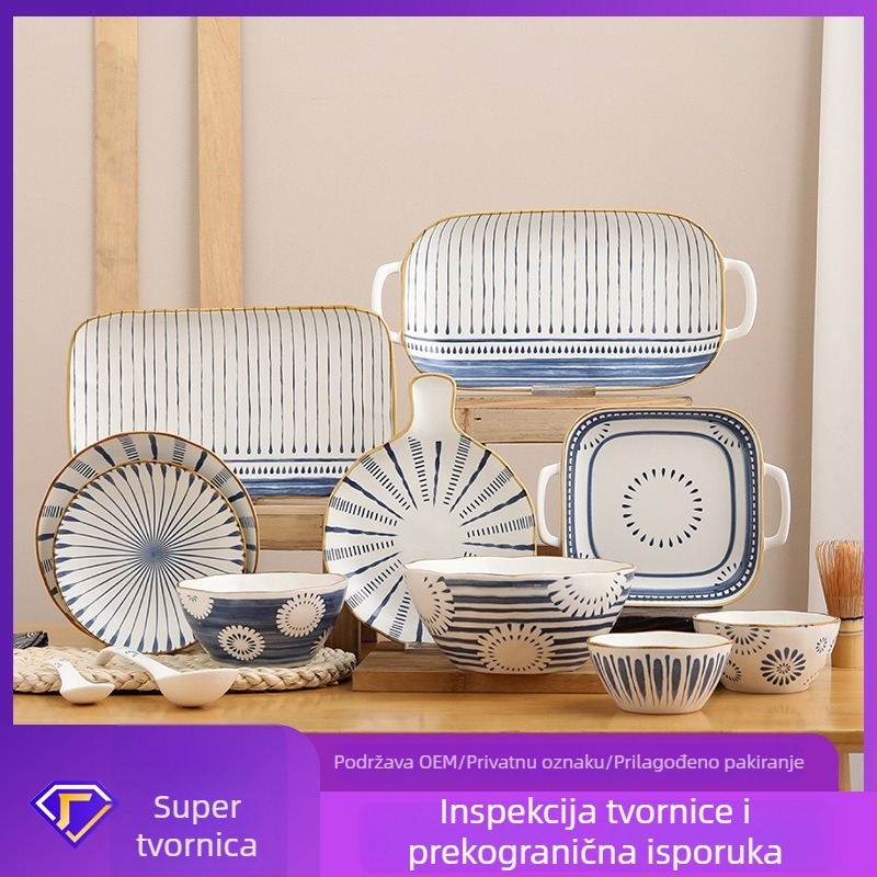 Keramički set posuđa s zdjelicama i tanjurima, pod-glasurna završnica, japanski stil, lagani luksuz retro, mikrovalna otporna
