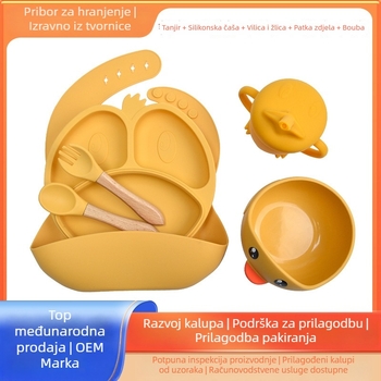 Silikonski set posuđa za hranjenje djece, 7-dijeli set: zdjele, tanjuri, šalice, vilice i žlice, crtani dizajn; pogodno od 6 mjeseci; uključuje trodjelni pretinac za mlijeko u prahu
