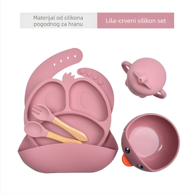Silikonski set posuđa za hranjenje djece, 7-dijeli set: zdjele, tanjuri, šalice, vilice i žlice, crtani dizajn; pogodno od 6 mjeseci; uključuje trodjelni pretinac za mlijeko u prahu