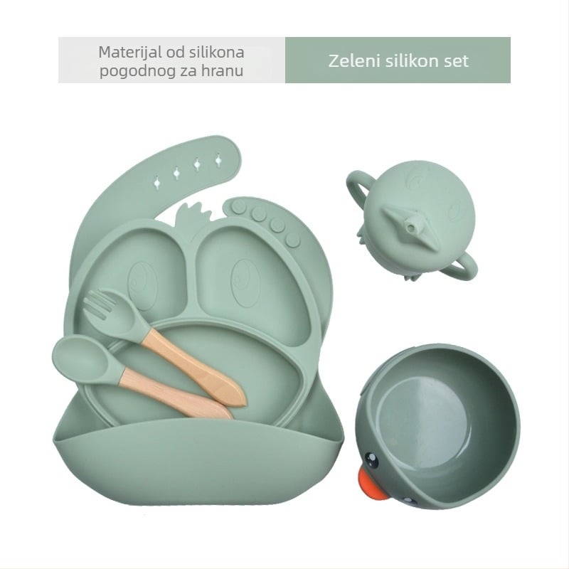 Silikonski set posuđa za hranjenje djece, 7-dijeli set: zdjele, tanjuri, šalice, vilice i žlice, crtani dizajn; pogodno od 6 mjeseci; uključuje trodjelni pretinac za mlijeko u prahu