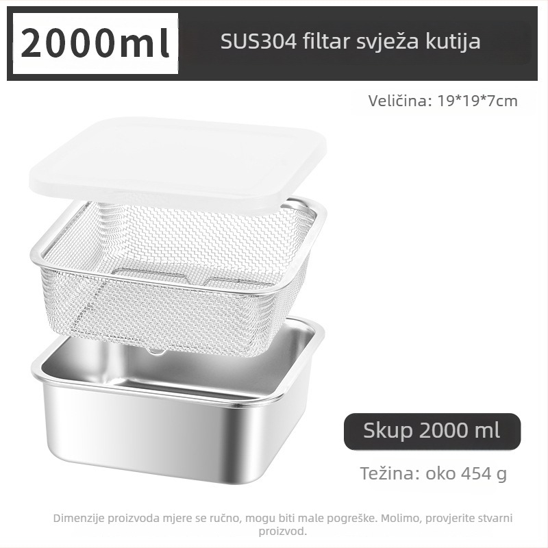 304 nehrđajući čelik, prehrambena kvaliteta, kvadratna posuda, s filtriranim dreniranjem, tri sloja, održava svježinu, kompatibilno s mikrovalnom pećnicom