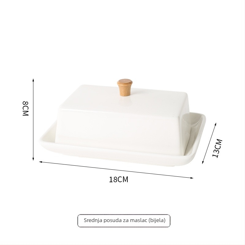 Porcelanska posuda za maslac s poklopcem, pravokutnog oblika, skandinavski stil, naglašeni elementi od bambusa i drveta