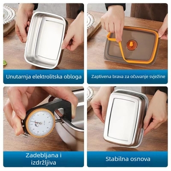 Kutija za obrok od ne magnetske nehrđajuće čelika 304, hrana klase, očuvanje svježine, pravokutnog oblika, mikrovalna sigurnost, moderan minimalistički dizajn, zapremina 1–2 L