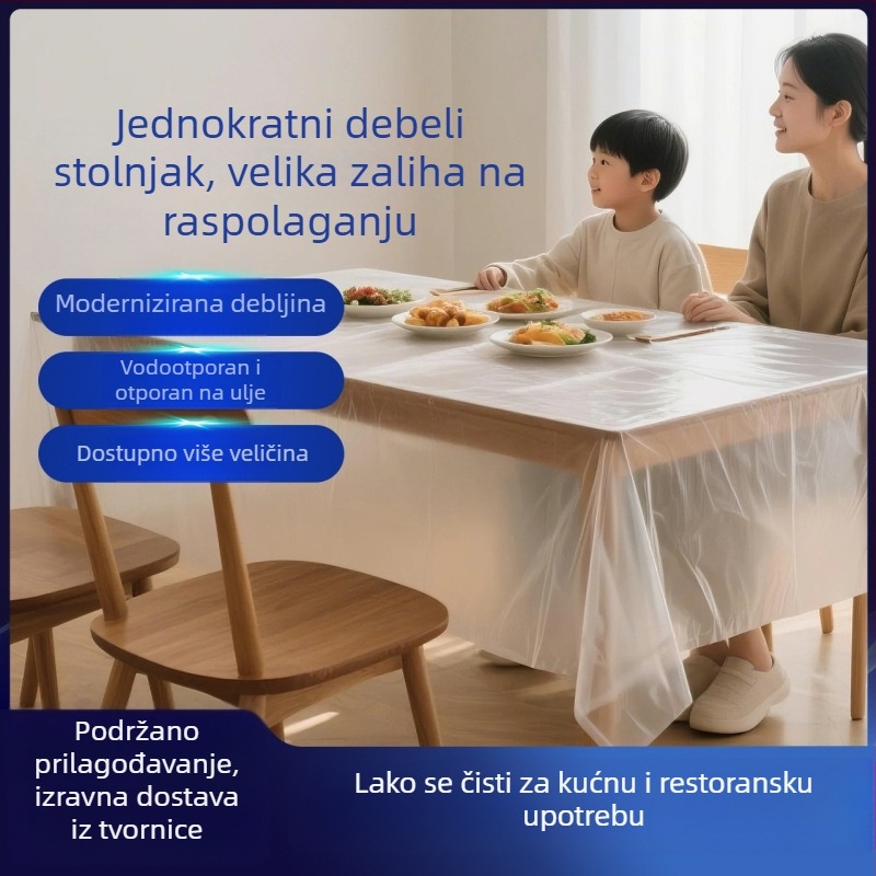 Jednokratni stolnjak, vodootporan i otporan na ulje, od plastične folije, debelog sloja; dostupan u kružnom, kvadratnom i pravokutnom obliku; pogodan za vjenčanja.
