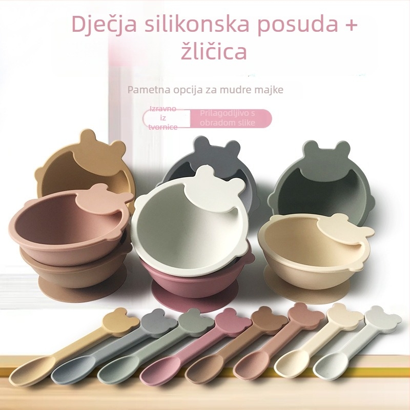 Taihexin dječja silikonska zdjela s usisnom podlogom, karikaturni dizajn, uključujući žlicu, za djecu od 6 mjeseci