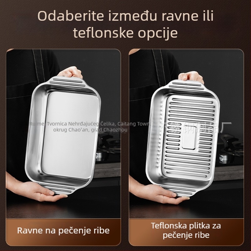 Nehrđajući čelična pravokutna ploča, debeli i dublji, prehrambene kvalitete, otporna na visoke temperature, pogodna za roštilj ribe, lako se čisti, za kućnu i poslovnu upotrebu.
