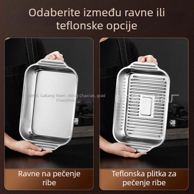 Nehrđajući čelična pravokutna ploča, debeli i dublji, prehrambene kvalitete, otporna na visoke temperature, pogodna za roštilj ribe, lako se čisti, za kućnu i poslovnu upotrebu.