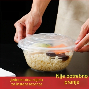 Jednokratna plastična zdjela za rezance s poklopcem, nije pogodna za mikrovalnu pećnicu, biološki razgradiva.