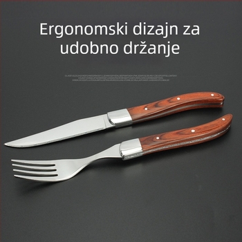 Set pribora od nehrđajućeg čelika: nož, viljuška, žlica i štapići za jelo, u stilu laganog luksuza retro.