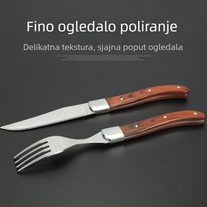 Set pribora od nehrđajućeg čelika: nož, viljuška, žlica i štapići za jelo, u stilu laganog luksuza retro.