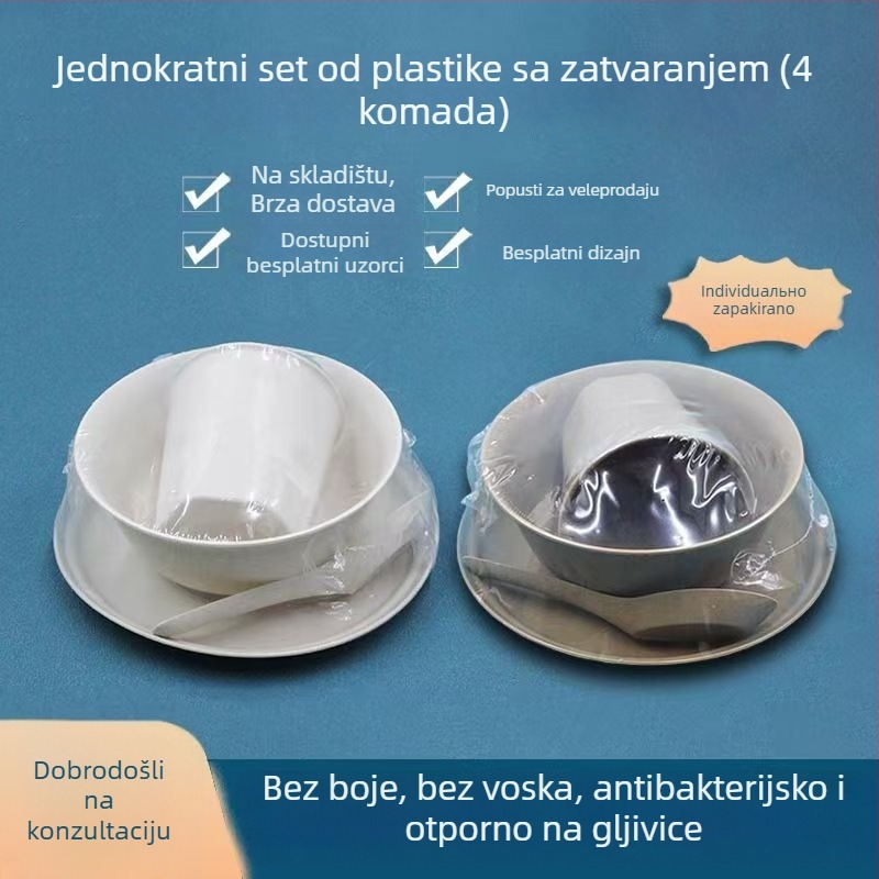 Jednokratni set posuđa od rižine ljuske, četverodjelni set, biološki razgradiv, hranjiv kvalitete, okrugle zdjele i štapići za jelo, kapacitet 300 ml, pakiranje 100 kompleta