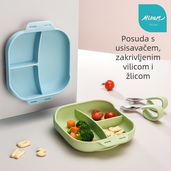 Dječji silikonski tanjur s podjelom i usisnom podlogom, set za hranjenje protiv klizanja s nožićem i vilicom od nehrđajućeg čelika 316, za bebe od 6 mjeseci