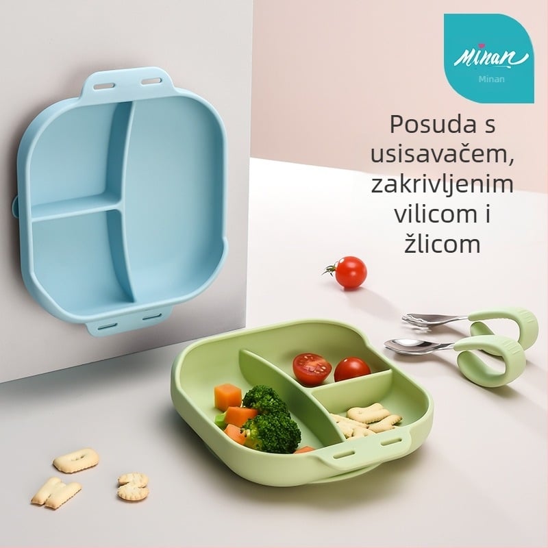 Dječji silikonski tanjur s podjelom i usisnom podlogom, set za hranjenje protiv klizanja s nožićem i vilicom od nehrđajućeg čelika 316, za bebe od 6 mjeseci