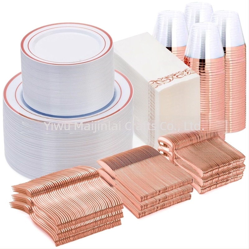 Jednokratni set posuđa od PS tvrdog plastika sa zlatnim rubom; uključuje tanjire za jelo, čaše za vino i pribor (nož, viljka, žlica); prilagodljiv logotip; pakiranje 25 komada; biološki razgradivo; porijeklo: Zhejiang pokrajina