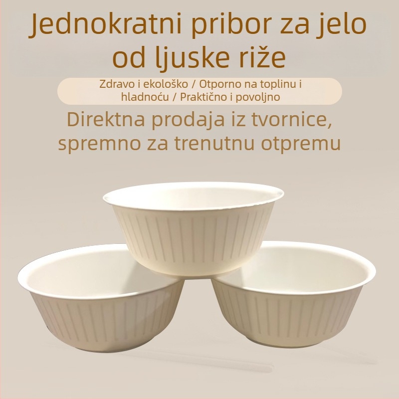 Jednokratna zdjela od rižine ljuske, 360 ml, bijela, ekološka i biološki razgradiva.