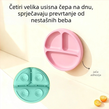 Dječji silikonski tanjur s usisnom podlogom — silikon za hranu, otporan na visoke temperature, tanjur s odjeljcima