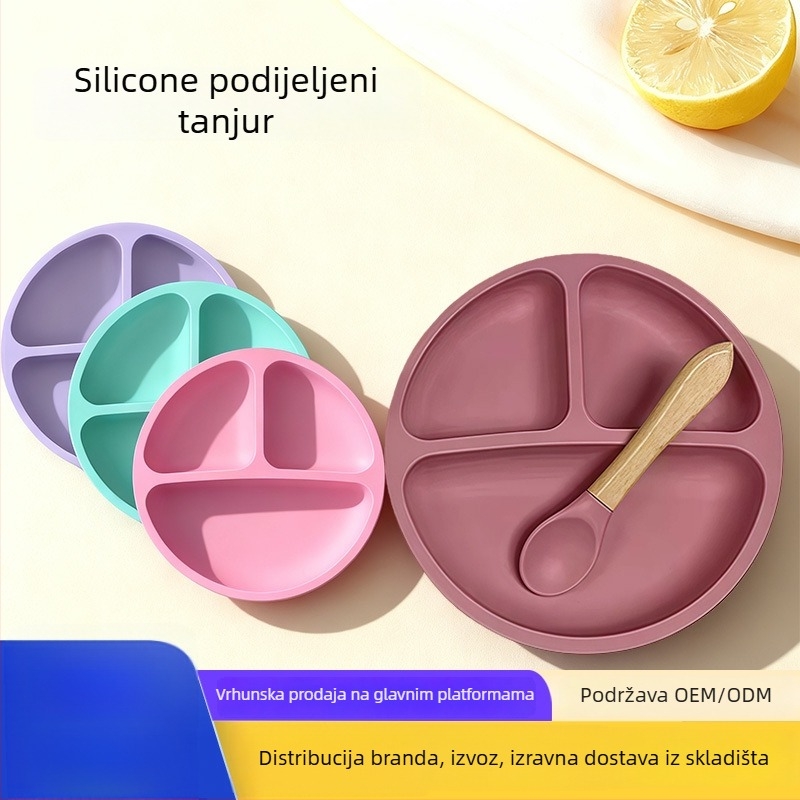 Dječji silikonski tanjur s usisnom podlogom — silikon za hranu, otporan na visoke temperature, tanjur s odjeljcima